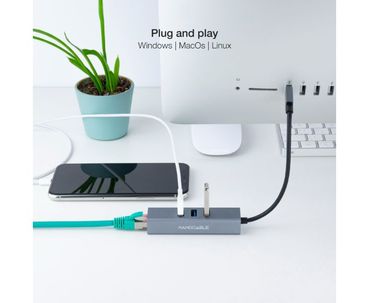 CONVERSOR USB 3.0 A ETHERNET GIGABIT + 3xUSB 3.0 15cm GRIS NANOCABLE